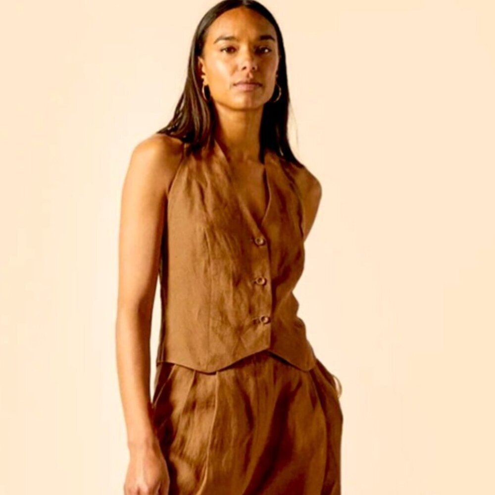 Casa Raki Abi Brown Button Waistcoat Halter Top in Organic Linen Sz Small $250